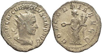 Римская Империя антониниан 251 - 253 Волузиан, IMP CAE C VIB VOLVSIANO AVG, бюст императора / CONCORDIA AVGG, Конкордия, Рим RIC 167 серебро 1073-15-82
