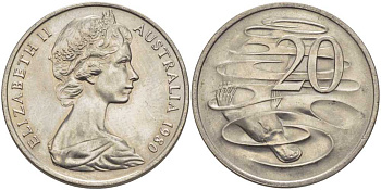 АВСТРАЛИЯ 20 ЦЕНТОВ 1980 ЕЛИЗАВЕТА II, МОЛОДОЙ ПОРТРЕТ, УТКОНОС KM 66 медно-никель 38-722