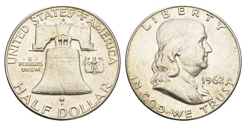 США 1/2 доллара (50 центов) 1962 Бенджамин Франклин, колокол KM 199 серебро  aUNC 4653-133
