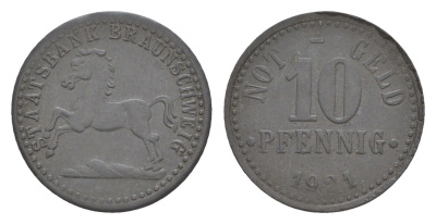 Брауншвейг 10 пфеннигов 1921 Funck 56.9, Men05 3477.3, Men18 4416.3 цинк 4636-953