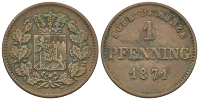 Бавария 1 пфенниг 1871 Людвиг II (1864-1886) KM 271 медь 4576-914