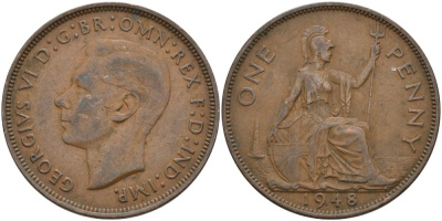Великобритания 1 пенни 1948 Георг VI (1936-1952) KM 845, Spink 4114 бронза 4574-146