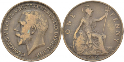 Великобритания 1 пенни 1919 Георг V (1910-1936) KM 810, Spink 4051 бронза 4545-213
