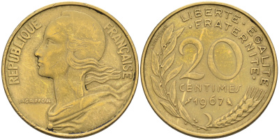 Франция 20 сантимов 1967 тип Marianne KM 930 медь алюминий никель    4595-1047