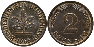 ФРГ 2 пфеннига 1963 J KM 106, J.381 бронза 99-131
