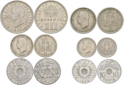 Греция набор из 6 монет 1959 Павел I (1947-1964), монеты из обращения KM 78, 79, 80, 81, 82, 84 3-4-1-2