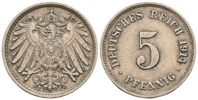 Германия 5 пфеннигов 1914 F, KM 11, J. 12 медно-никель 220-739