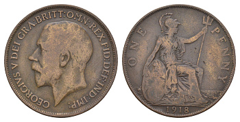 Великобритания 1 пенни 1918 Георг V (1910-1936) KM 810, Spink 4051 бронза 114-325