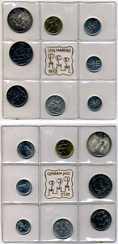 Сан-Марино годовой набор из 8 монет 1972 1, 2, 5, 10, 20, 50, 100 и 500 лир мать поднимает ребенка в воздух KM 14-21, в оригинальной пластиковой запайке серебро KM MS1 серебро UNC 3-4-5-10