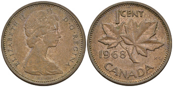 Канада 1 цент 1968 Елизавета II (1952-2022), кленовый лист KM 59.1 бронза    4147-251