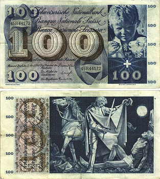 Швейцария 100 франков 1964 2 апреля 1964, серия 45 R, подпись 39 Pick 49 f бумага 8606-20-1-1