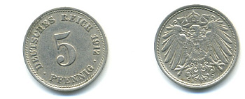 ГЕРМАНИЯ 5 ПФЕННИГОВ 1912 D, KM 11, J. 12 медно-никель 4379-555