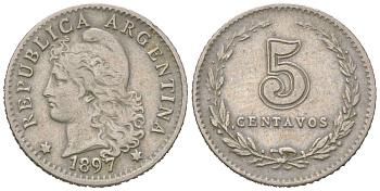 Аргентина 5 сентаво 1897 голова свободы влево KM 9 медно-никель 4615-823
