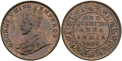 Британская Индия 1/4 анна 1936 Георг V (1910-1936) KM 512 бронза UNC 94-256