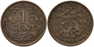 Нидерланды 1 цент 1939 Вильгельмина I (1890-1948) KM 152 бронза 4154-921