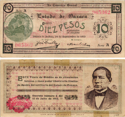 Мексика, Революция 10 песо 1915 Оахака, казначейство, Хуарес Pick S957a бумага 6287-15-2