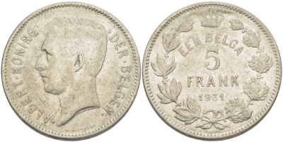 БЕЛЬГИЯ 5 ФРАНКОВ 1931 АЛЬБЕРТ I, DER BELGEN KM 98 никель 3851-343
