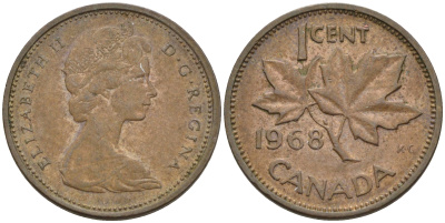 Канада 1 цент 1968 Елизавета II (1952-2022), кленовый лист KM 59.1 бронза    4147-251