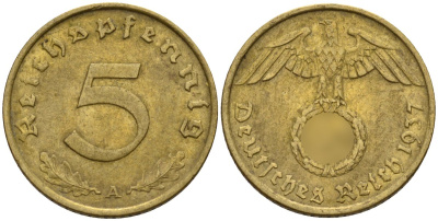 Германия 5 рейхспфеннигов 1937 A KM 91, J. 363 алюминиевая бронза 4151-746