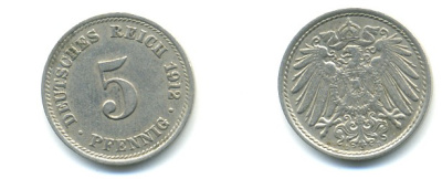 ГЕРМАНИЯ 5 ПФЕННИГОВ 1912 D, KM 11, J. 12 медно-никель 4379-555
