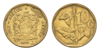 ЮАР 10 центов 1995 герб, цветок алоэ KM 135 сталь плакированная бронзой 4621-917