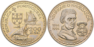 Португалия 200 эскудо 1994 600 лет со дня рождения Генриха Мореплавателя KM 670 медно-никель UNC 74-613