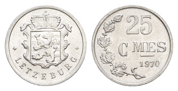Люксембург 25 сантимов 1970 Герцог Жан (1964-1999) KM 45a алюминий 4643-429