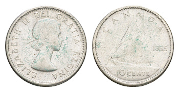 Канада 10 центов 1955 Елизавета II (1952-2022), парусник KM 51 серебро 4639-564
