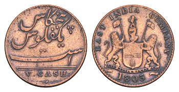 Британская Индия, Мадрас (Пагода) 5 кэш 1803 KM 316 медь 4655-513