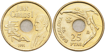 Испания 25 песет 1991 Олимпийские игры в Барселоне 1992 года, прыжки в высоту, Хуан Карлос I (1975-2014) KM 851 никель бронза UNC 4582-626