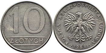 ПОЛЬША 10 ЗЛОТЫХ 1988 MW KM 152.1 медно-никель 51-2243