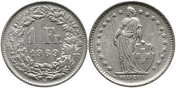 ШВЕЙЦАРИЯ 1 ФРАНК 1969 В KM 24а.1 медно-никель 4538-247