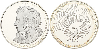 ФРГ 10 евро 2006 D, 250 лет со дня рождения Вольфганга Амадея Моцарта KM 248, DE.S. 10.29 серебро PROOF 11-183-21