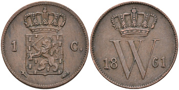 Нидерланды 1 цент 1861 Виллем III (1849-1890) KM 100 медь 1528-342