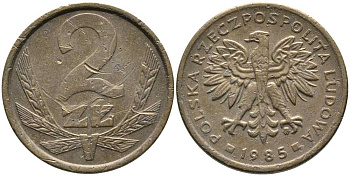 ПОЛЬША 2 ЗЛОТЫХ 1985 MW KM 80.1 латунь 110-856