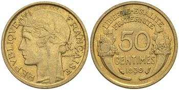 ФРАНЦИЯ 50 САНТИМОВ 1939 ТИП MORLON KM 894.1, LE FRANC 192.15 алюминиевая бронза 44-814