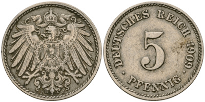 Германия 5 пфеннигов 1909 J, KM 11, J. 12 медно-никель 4608-861