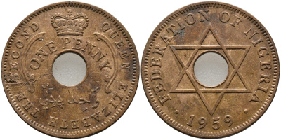 Нигерия 1 пенни 1959 Елизавета II (1952-), Британский протекторат KM 2 бронза 51-2816