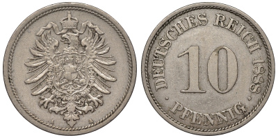 Германия 10 пфеннигов 1888 А, старогербовка KM 4, J. 4 медно-никель 4115-439