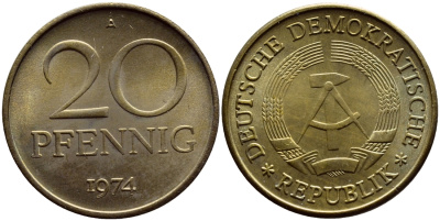 ГДР 20 пфеннигов 1974 А KM 11 латунь UNC 54-2125