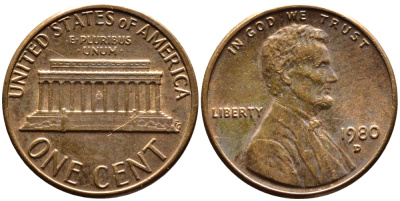 США 1 цент 1980 D, Авраам Линкольн KM 201 медь цинк 4178-151