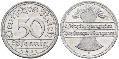 Германия 50 пфеннигов 1921 A KM 27, J.301, Weege 10 алюминий UNC 4584-832