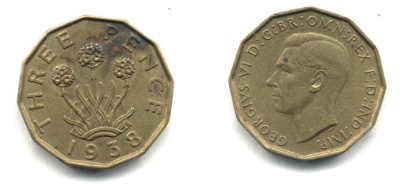 Великобритания 3 пенса 1938 Георг VI (1936-1952) KM 849, Spink 4112 никель латунь 25-1257