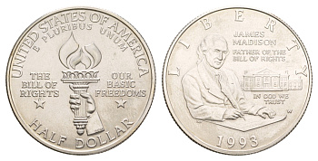 США 1/2 доллара (50 центов) 1993 W, Билль о правах, Джеймс Мэдисон KM 240 серебро BU 413-6543