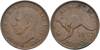 Австралия 1 пенни 1952 m, Георг VI (1937-1952), кенгуру KM 43 бронза 4157-725