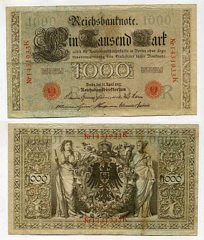 Германия 1000 марок 1910 красная печать, 7 значный номер Pick 44 b  бумага   8610-31-1-2