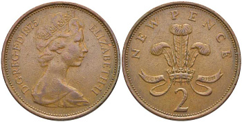 Великобритания 2 пенса 1975 Елизавета II (1952-2022) KM 916, Spink 4235 (C1) бронза 117-134