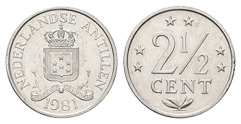 Нидерландские Антильские острова (Нидерландские Антилы) 2 1/2 цента 1981 KM 9a алюминий UNC 4679-564