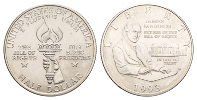 США 1/2 доллара (50 центов) 1993 W, Билль о правах, Джеймс Мэдисон KM 240 серебро BU 413-6543