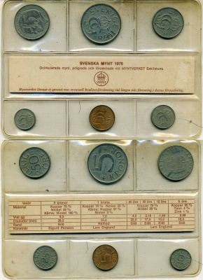 Швеция набор из 6 монет (5, 10, 25 и 50 эре; 1 и 5 крон) 1978 в оригинальной банковской упаковке, запайка KM MS6 (849, 850, 851, 852, 853 и 855) BU 8-2-06-58